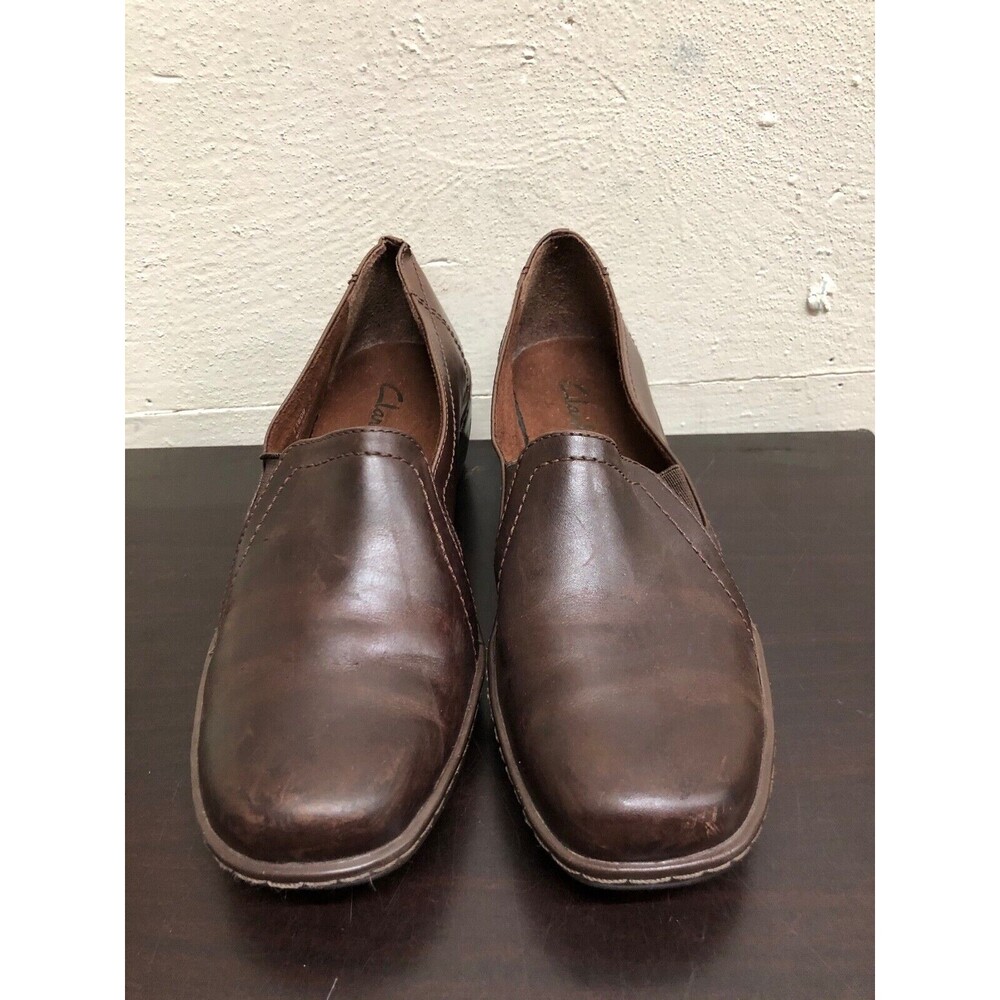 Clarks Women's Shoes Size 7.5 M Brown Leather Slip On Wedge Heel Loafer 71809